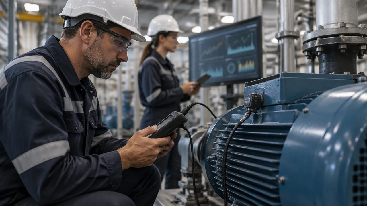 Técnico verifica a condição de um equipamento enquanto a equipe acompanha dados para antecipar falhas industriais.