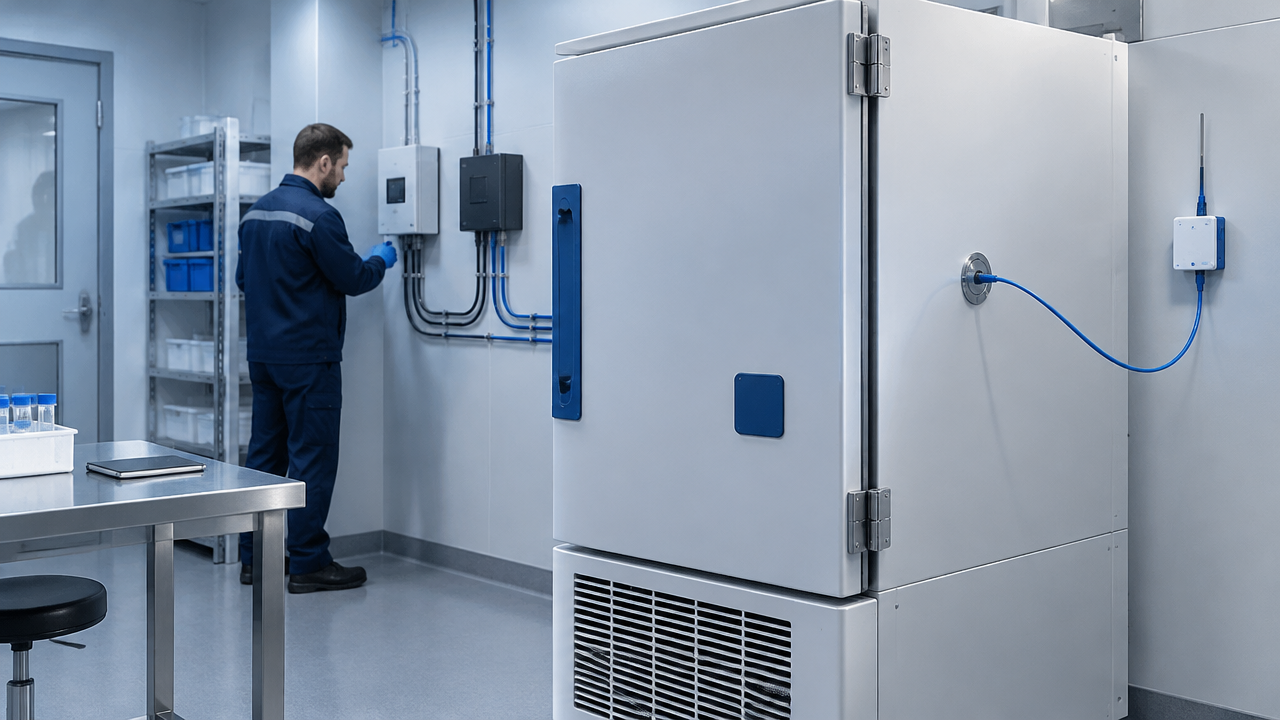 Técnico verifica un ultracongelador con una sonda de temperatura independiente del controlador de refrigeración.