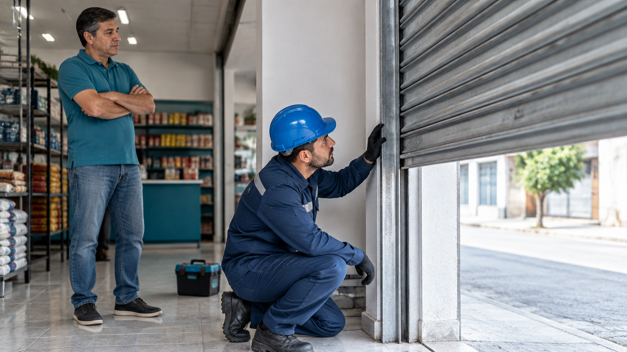 Técnico verifica visualmente as guias de uma porta de enrolar enquanto o responsável acompanha à distância