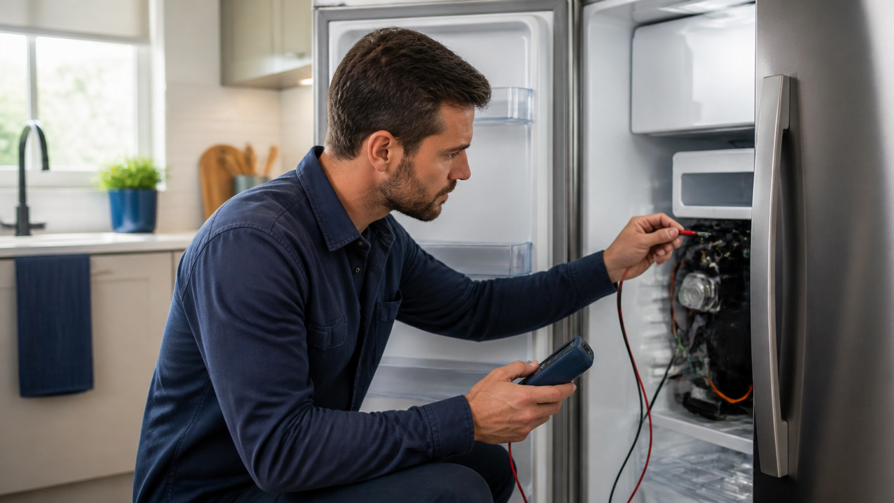 Técnico verificando componentes de uma geladeira em cozinha residencial