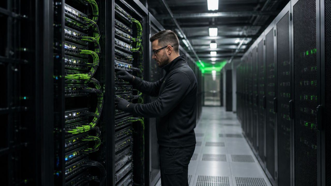 Técnico verificando racks e rede em data center corporativo organizado