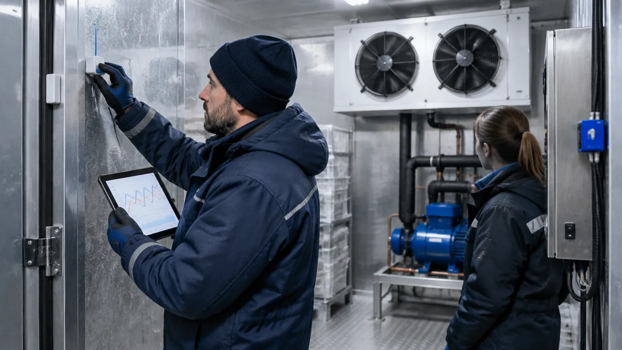 Technician verifying temperature and current sensors in a cold chamber