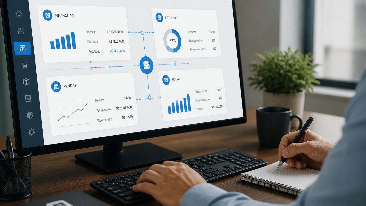 Tela com dashboard de sistema integrado conectando financeiro, vendas e estoque