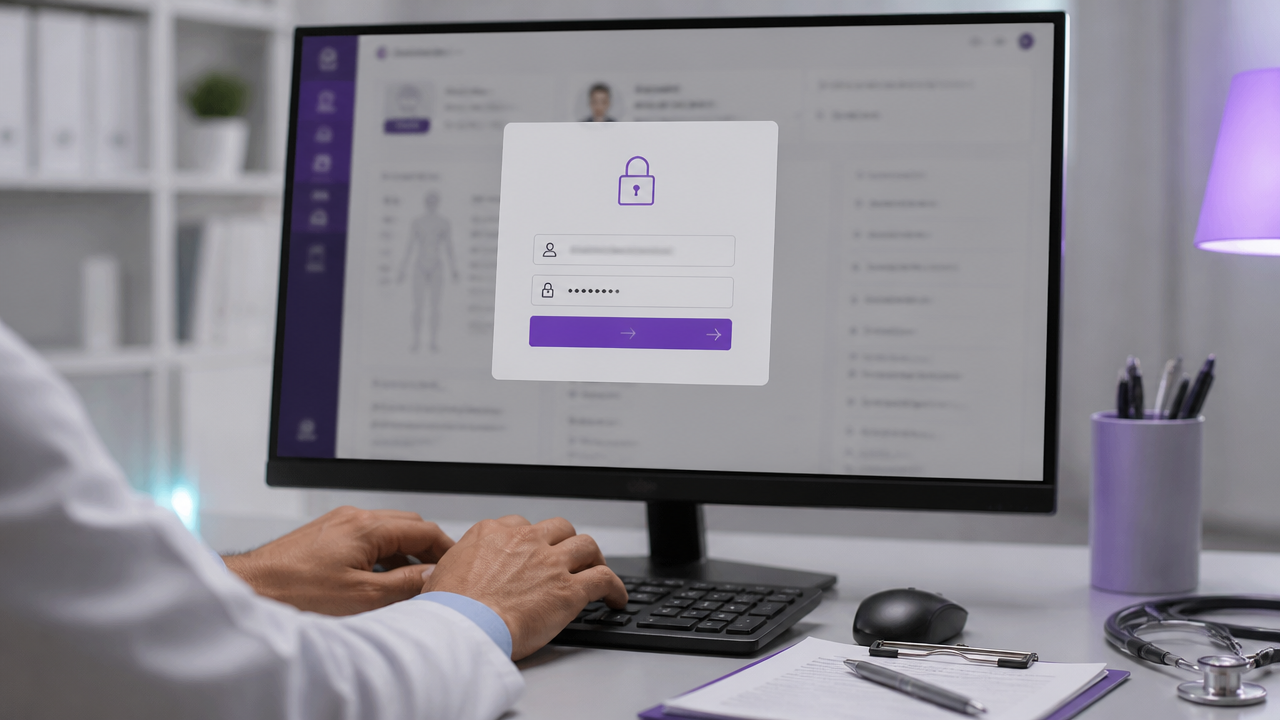 Tela de acesso seguro a prontuário eletrônico em computador de clínica