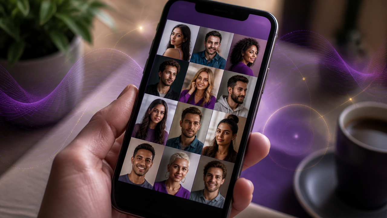 Tela de celular com fotos de perfil destacando expressões, cores e enquadramentos