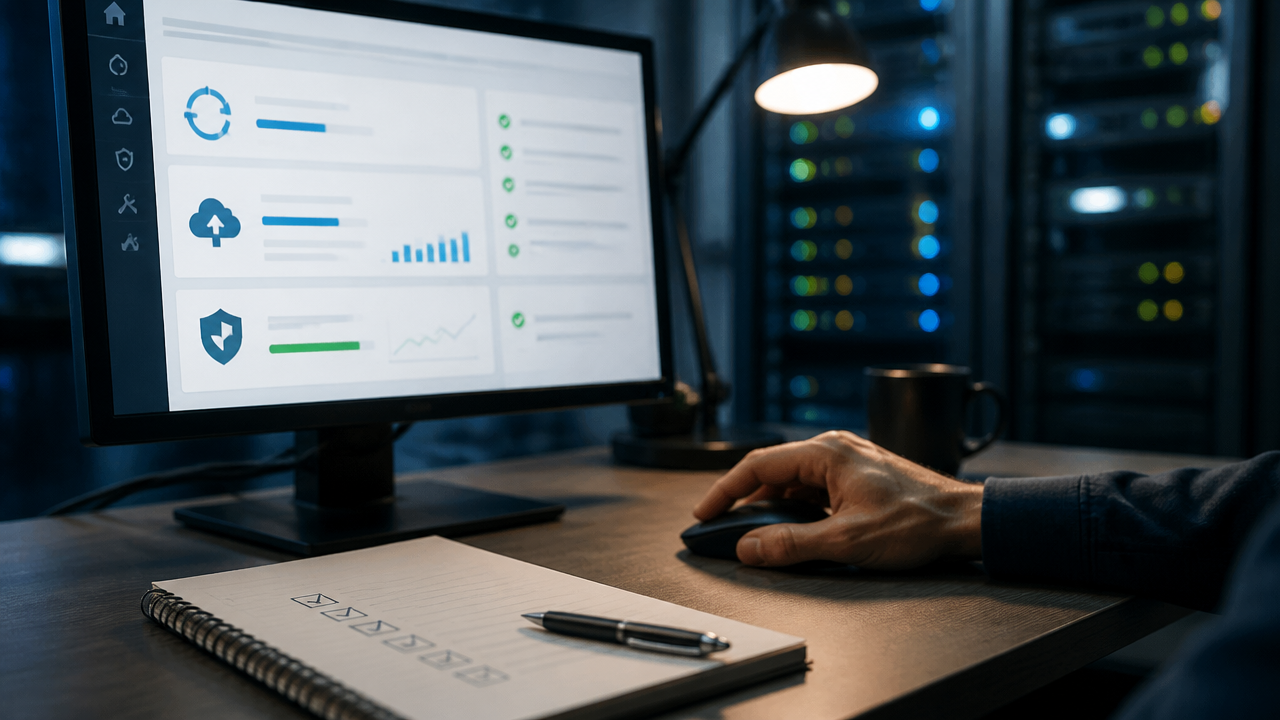 Tela de computador com atualizações, backups e manutenção de site em painel genérico