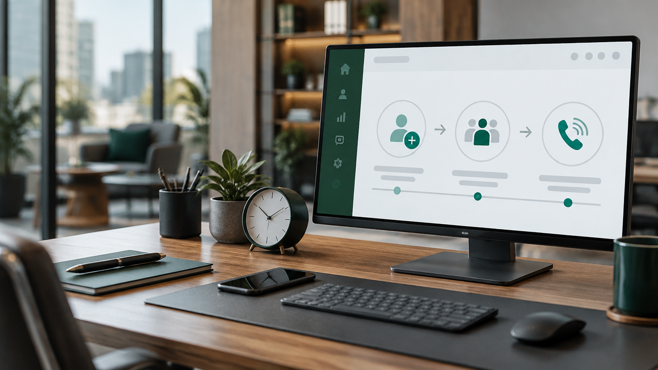 Tela de CRM com etapas visuais de entrada, distribuição e contato de um lead