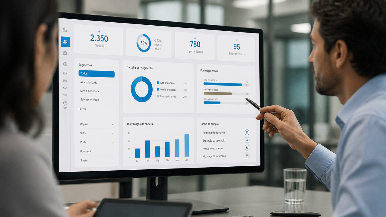 Tela de CRM com segmentação de carteira e priorização de clientes para ofertas personalizadas.