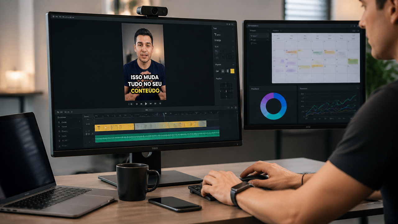 Vertical video editing screen with captions and publication calendar at a workstation