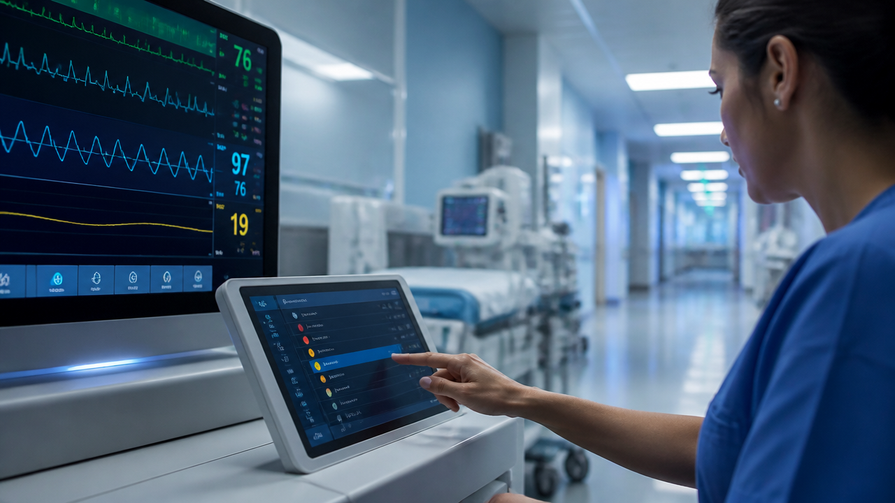 Tela de monitoramento clínico sendo analisada por profissional de enfermagem em hospital