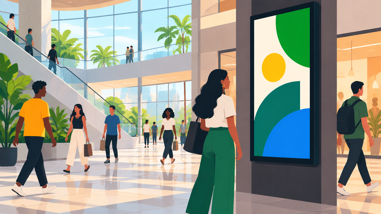 Tela digital em empreendimento comercial alcança pessoas em circulação, representando a publicidade DOOH.
