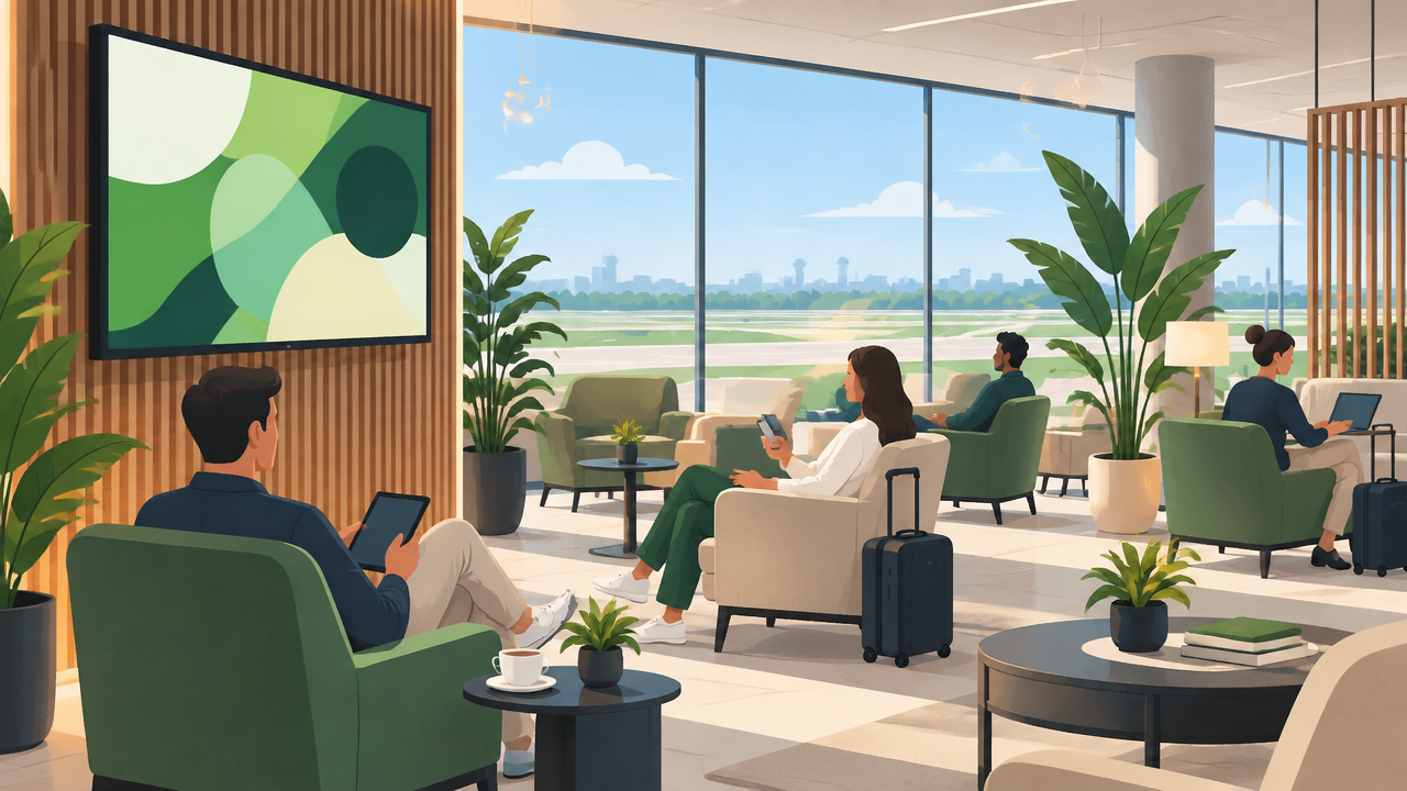 Tela digital em sala VIP de aeroporto contextualiza uma campanha para viajantes em espera.