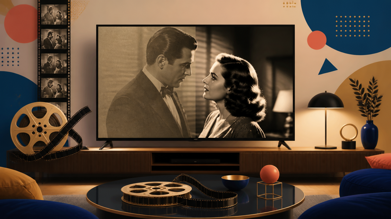 Televisor moderno exibindo um clássico restaurado, com contraste ampliado e detalhes visuais inspirados em película antiga