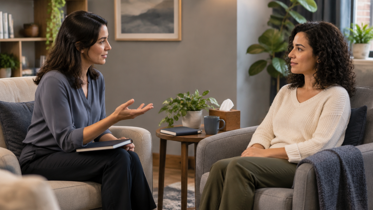 Terapeuta acompanha com atenção um exercício breve de atenção plena em sessão clínica