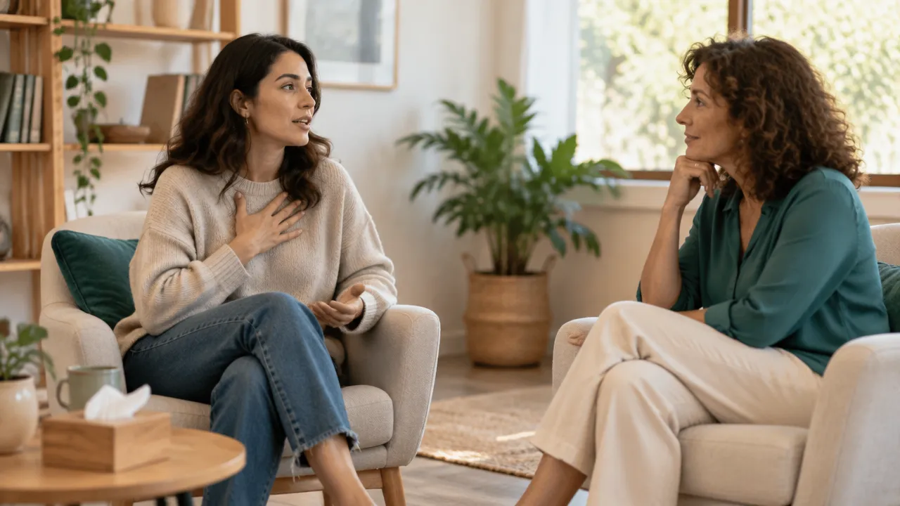 Terapeuta escucha a una persona que observa sus emociones y sensaciones durante una sesión