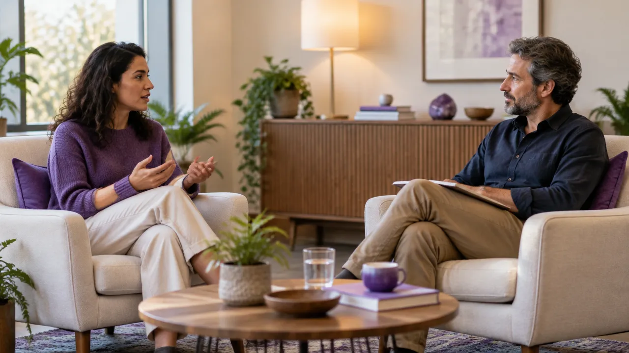 Terapeuta escucha con atención a una persona durante una conversación sobre su experiencia interior