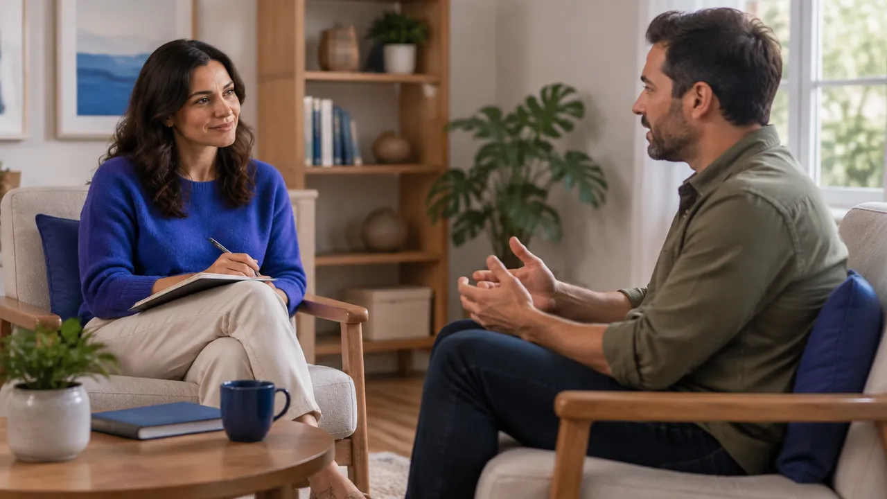 Terapeuta escucha con atención empática a una persona en una consulta acogedora.