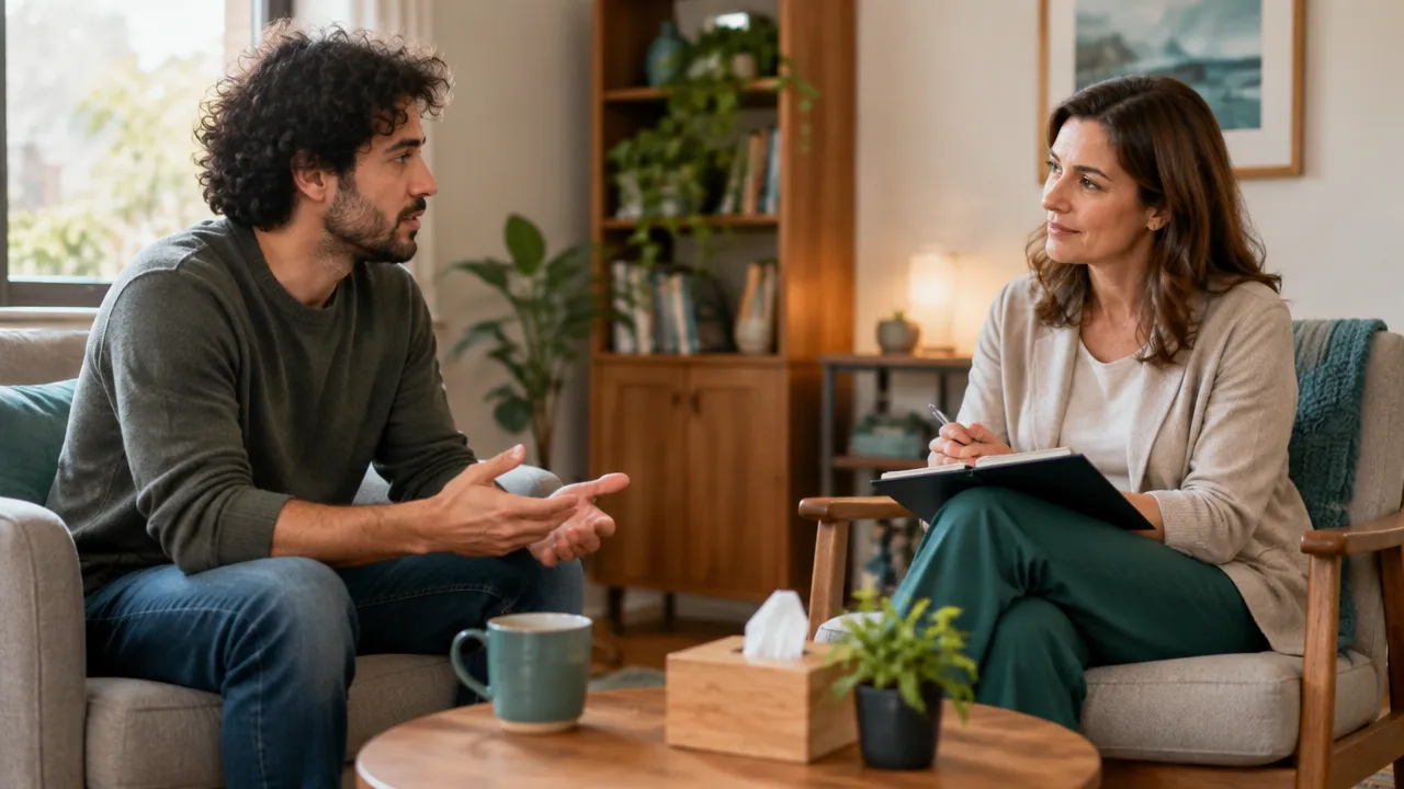 Terapeuta escucha con empatía a una persona durante una conversación centrada en su experiencia.
