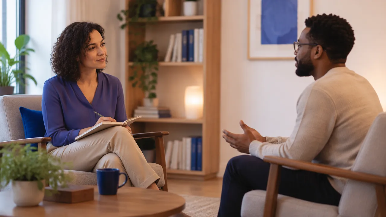 Terapeuta escutando atentamente uma pessoa em conversa acolhedora, ilustrando a relação terapêutica humanista