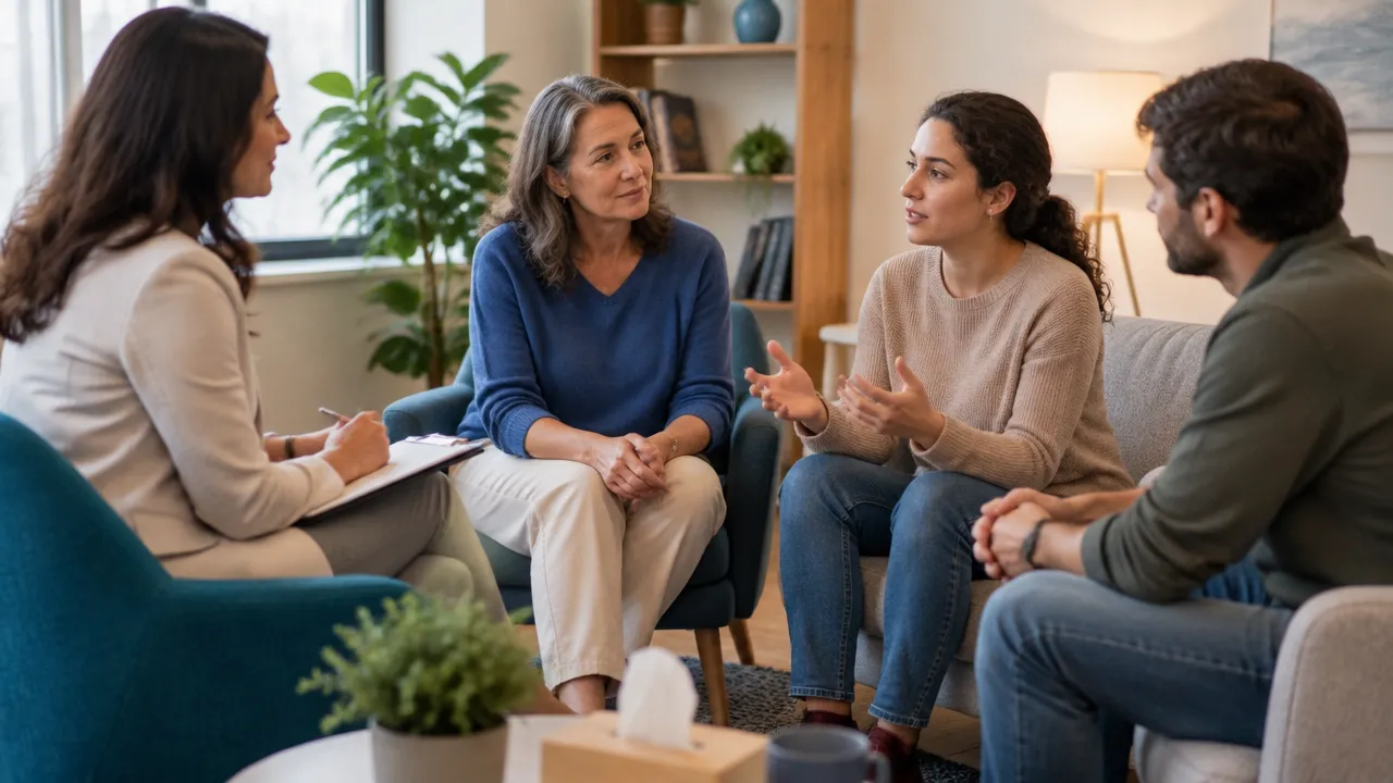 Terapeuta facilita a escuta e a conversa entre familiares sentados em círculo.