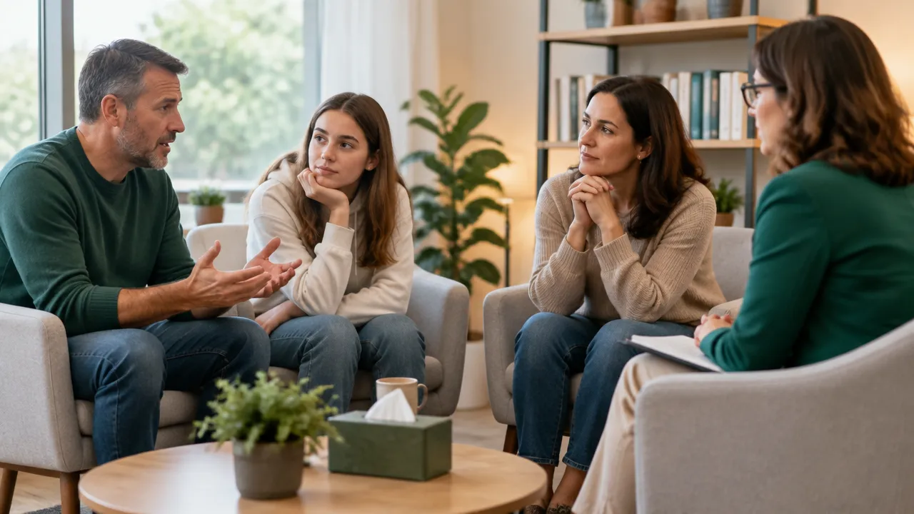 Terapeuta facilita uma conversa entre familiares, observando os padrões de comunicação e as perspectivas de cada pessoa.