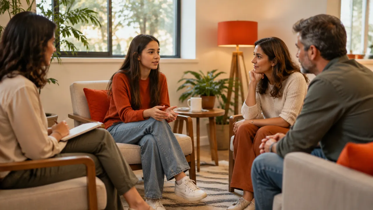 Terapeuta facilita uma conversa respeitosa entre pais e adolescente durante uma sessão familiar.