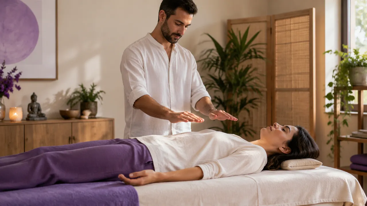 Terapeuta movimenta as mãos sem tocar uma pessoa deitada durante uma sessão energética.