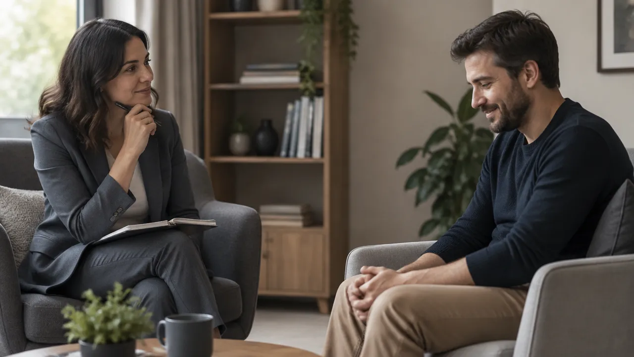 Terapeuta observa com atenção a reação de um paciente a um momento leve na sessão de psicoterapia.