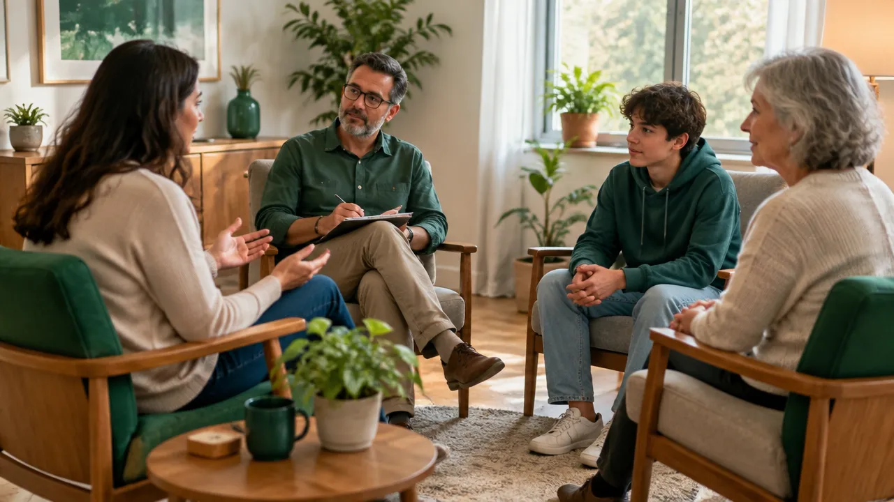 Terapeuta organiza uma conversa em círculo durante uma sessão com familiares