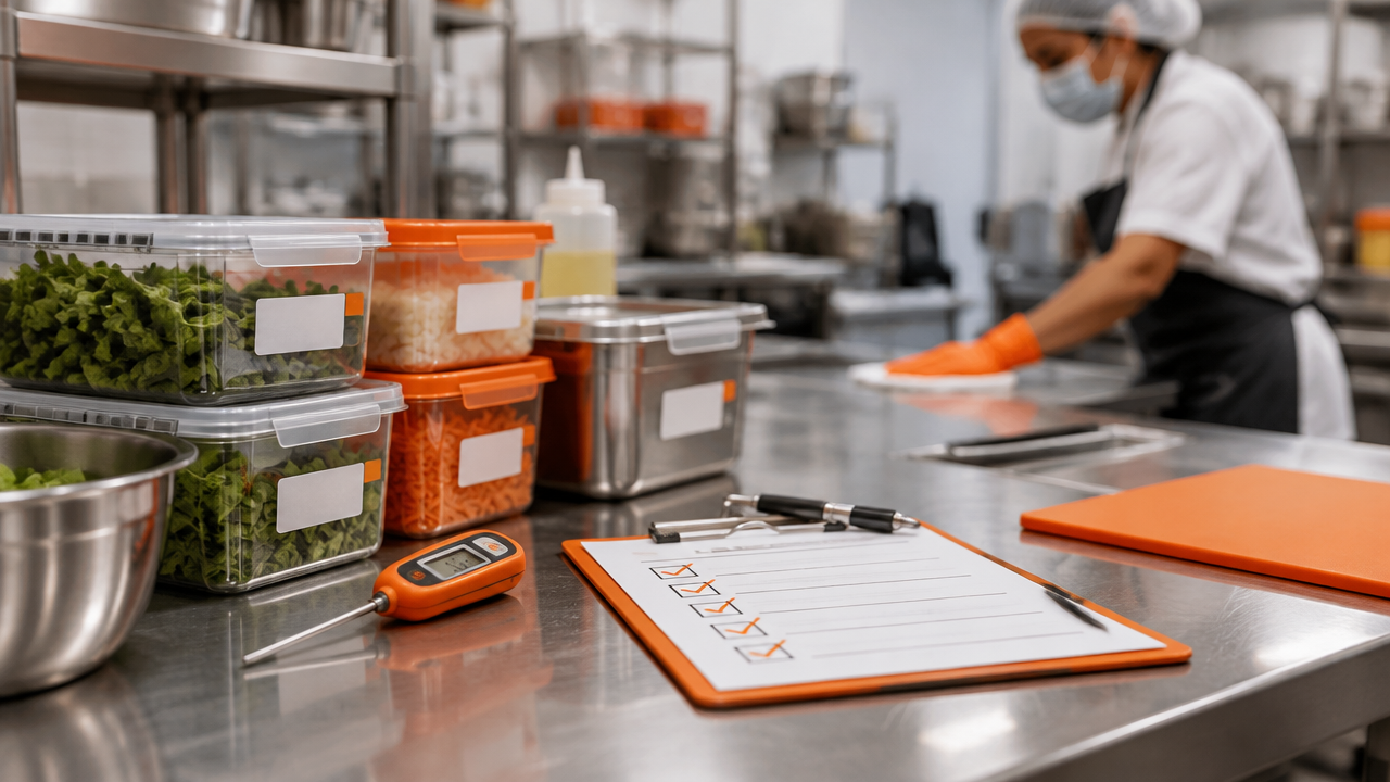 Termômetro culinário, checklist e embalagens fechadas representam controles de segurança na operação de delivery