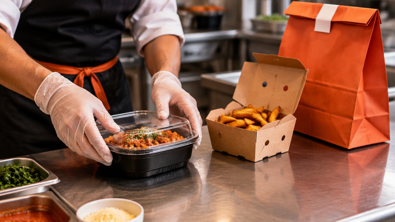 Teste de vedação e organização de embalagens de alimentos em uma cozinha profissional