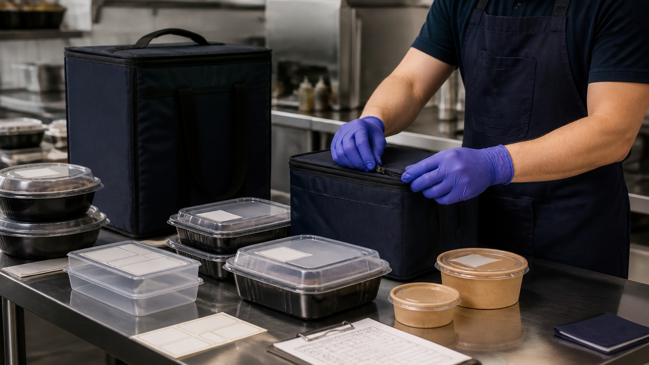 Teste operacional de vedação e transporte de embalagens para delivery em cozinha profissional