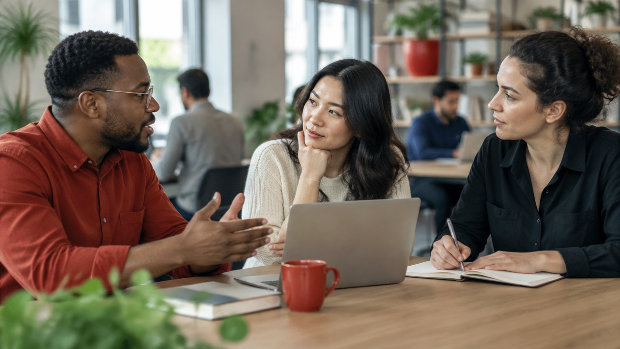 Three colleagues listen and exchange perspectives during a peer learning conversation at work.