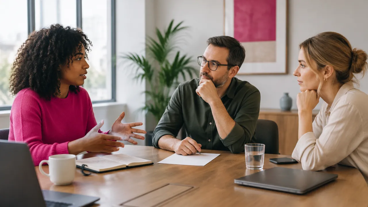 Three coworkers listening and responding thoughtfully during a respectful disagreement