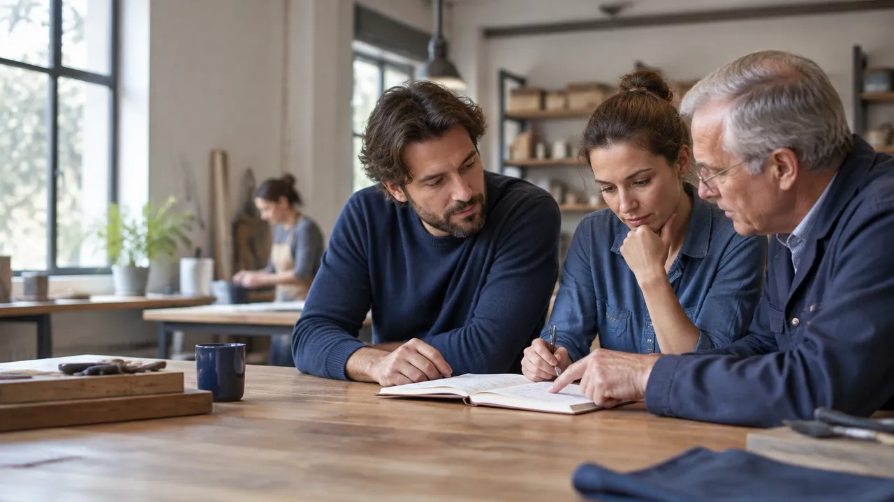 Three generations of a family business discussing a notebook together in a workshop