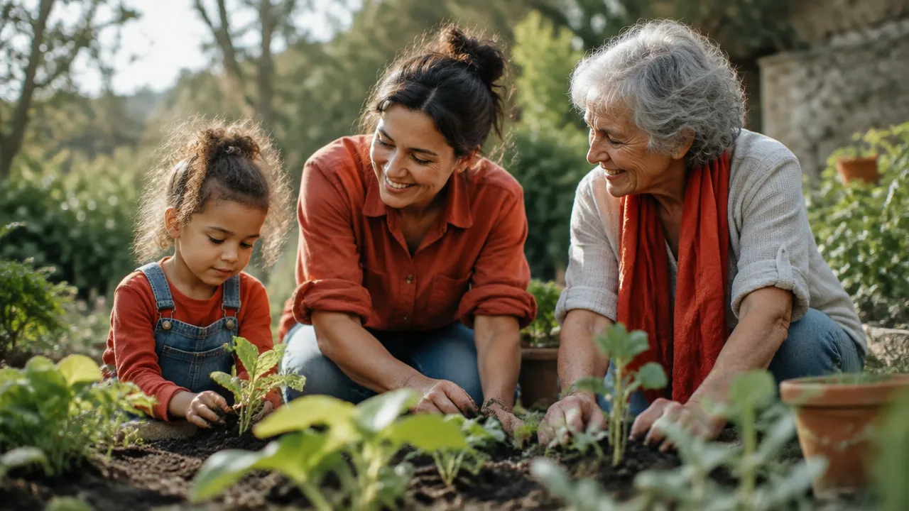 Three generations sharing a garden activity, illustrating human development across the lifespan.