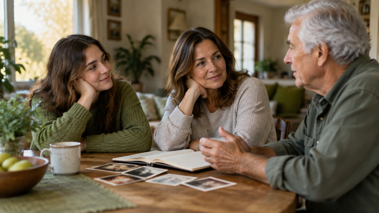 Three generations sharing a thoughtful conversation about family memories around a dining table