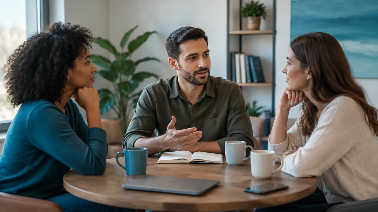 Three people listening as one calmly states a boundary during a group conversation