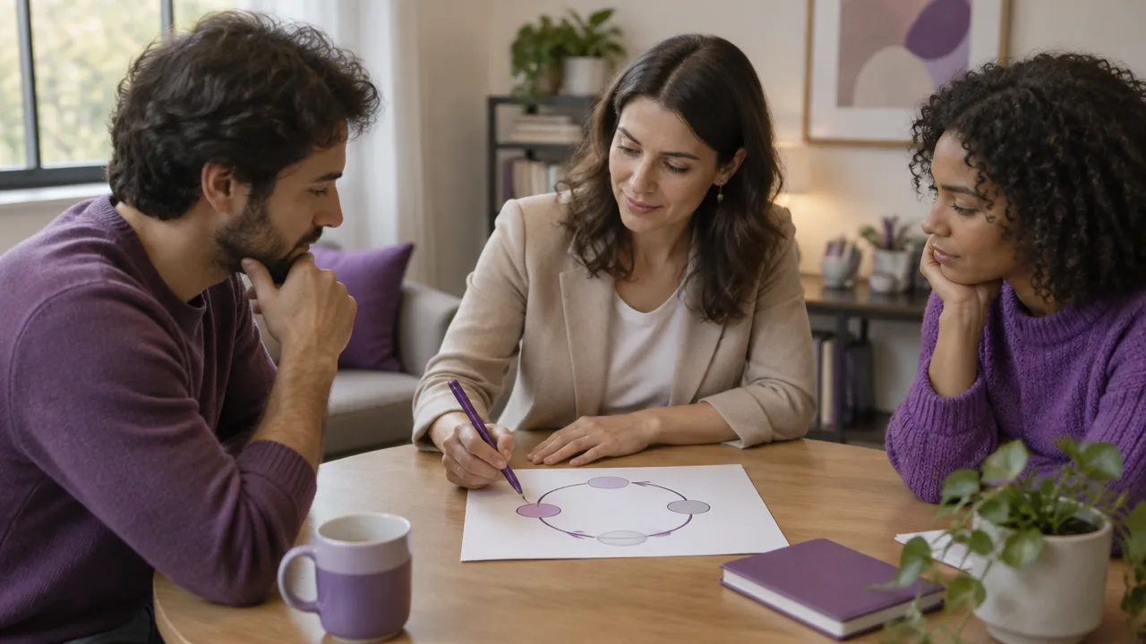 Three people map a simple feedback loop during a reflective coaching conversation.