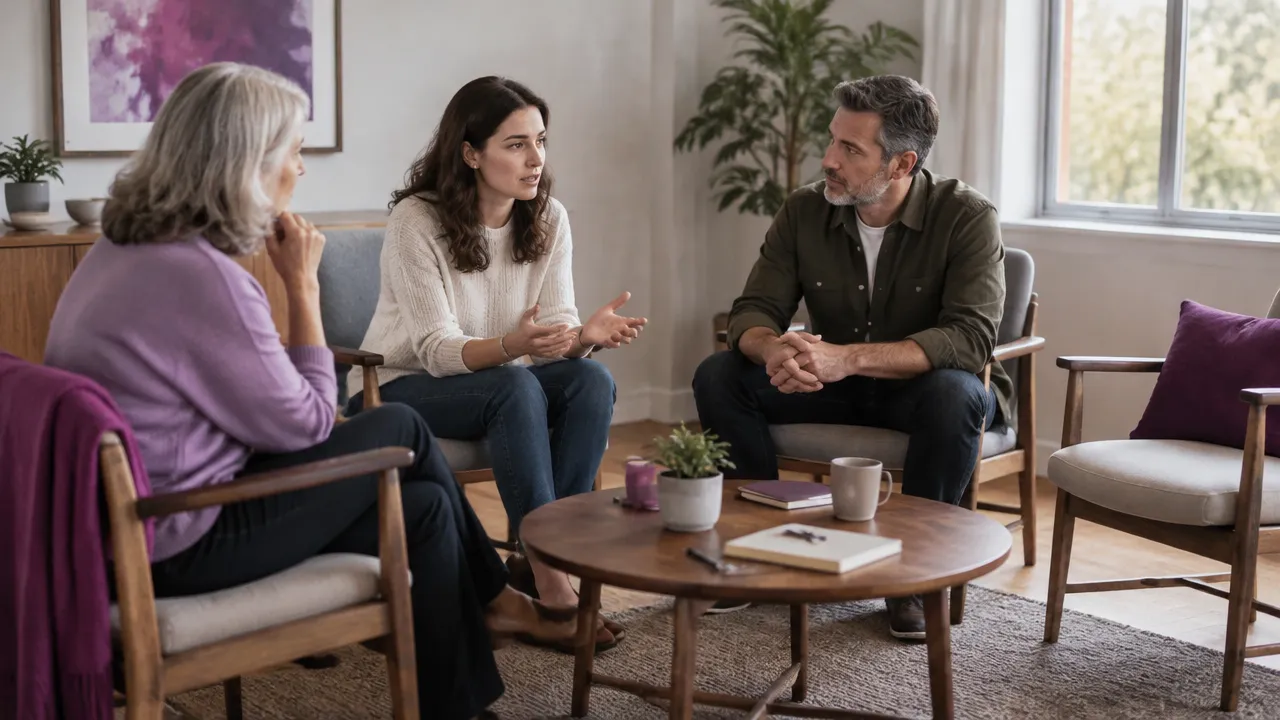 Three relatives in a multigenerational team practice attentive listening in a calm meeting room.