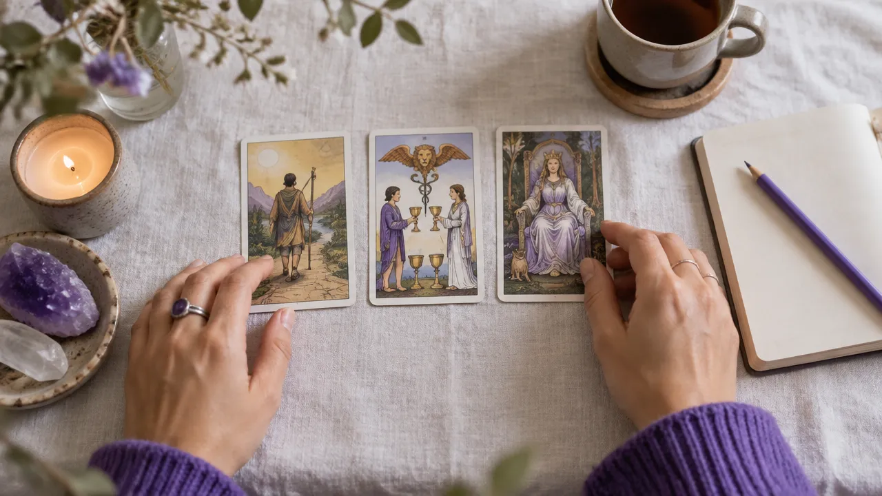 Three tarot cards arranged in sequence beside a reader’s notes