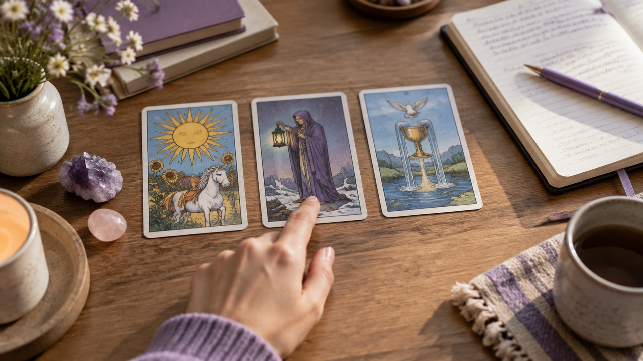 Three Tarot cards in a simple spread with notes for interpreting their shared story