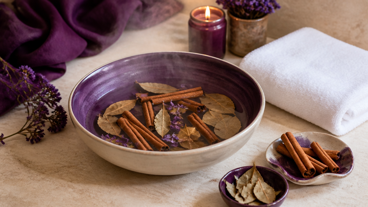 Tigela com água e canela ao lado de vela, em preparação para um ritual de renovação energética