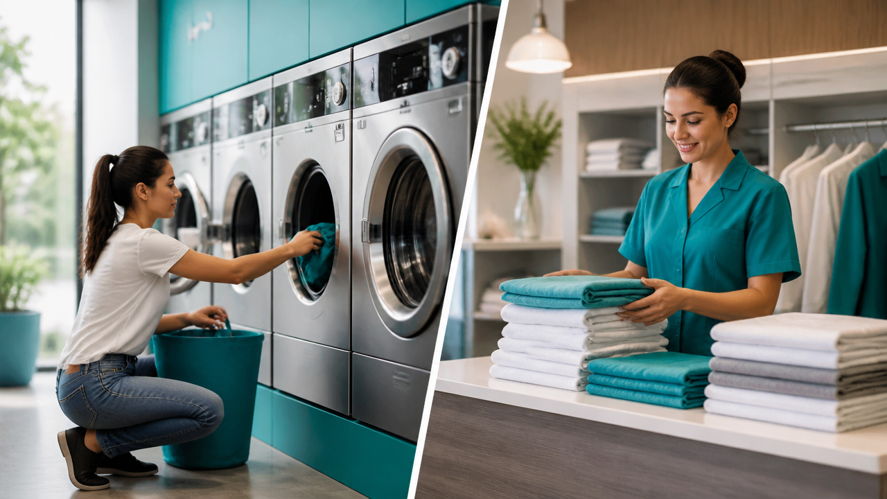 Comparação entre lavanderia self-service e lavanderia profissional com serviço completo