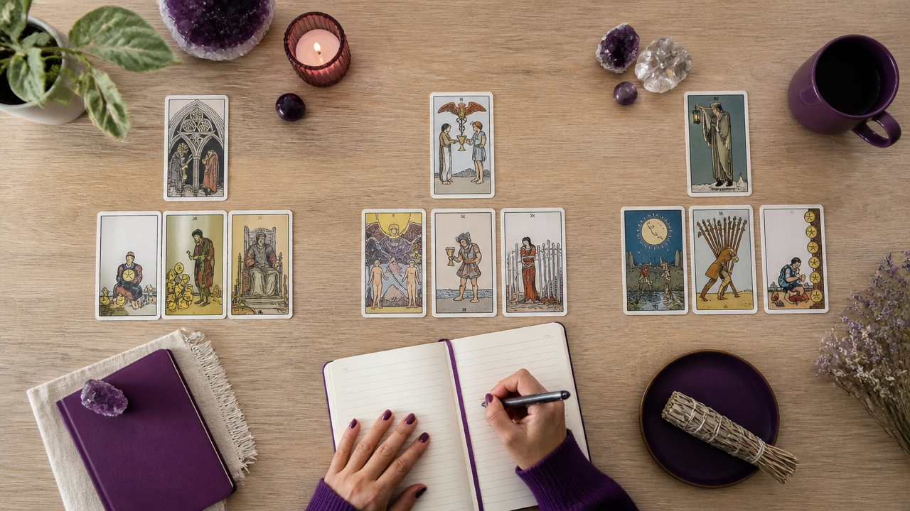 Tiragem de tarot organizada com anotações para avaliar trabalho, relacionamentos e adaptação em outro país