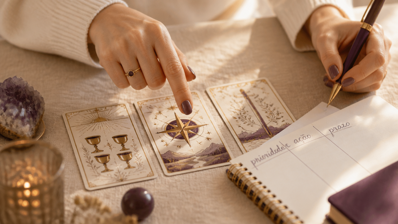 Tiragem de três cartas ao lado de anotações de prioridades, ações e prazos em um caderno