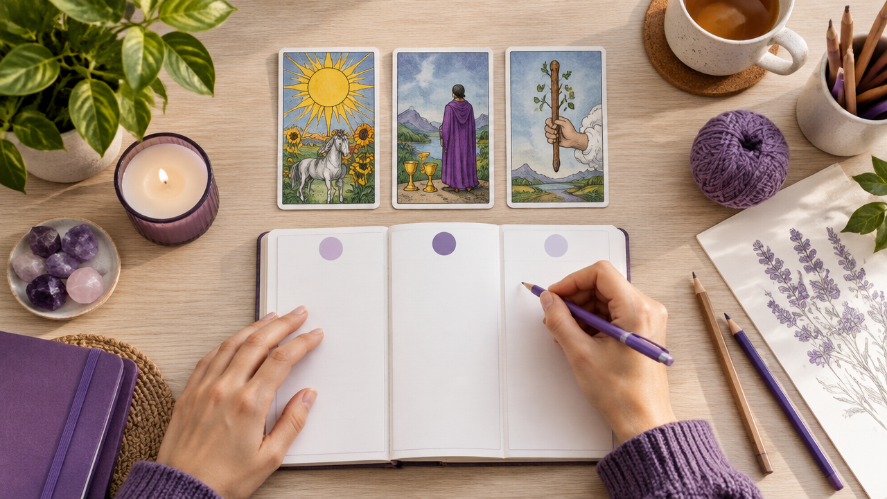 Tiragem de três cartas de Tarot ao lado de um caderno e materiais para iniciar uma atividade criativa