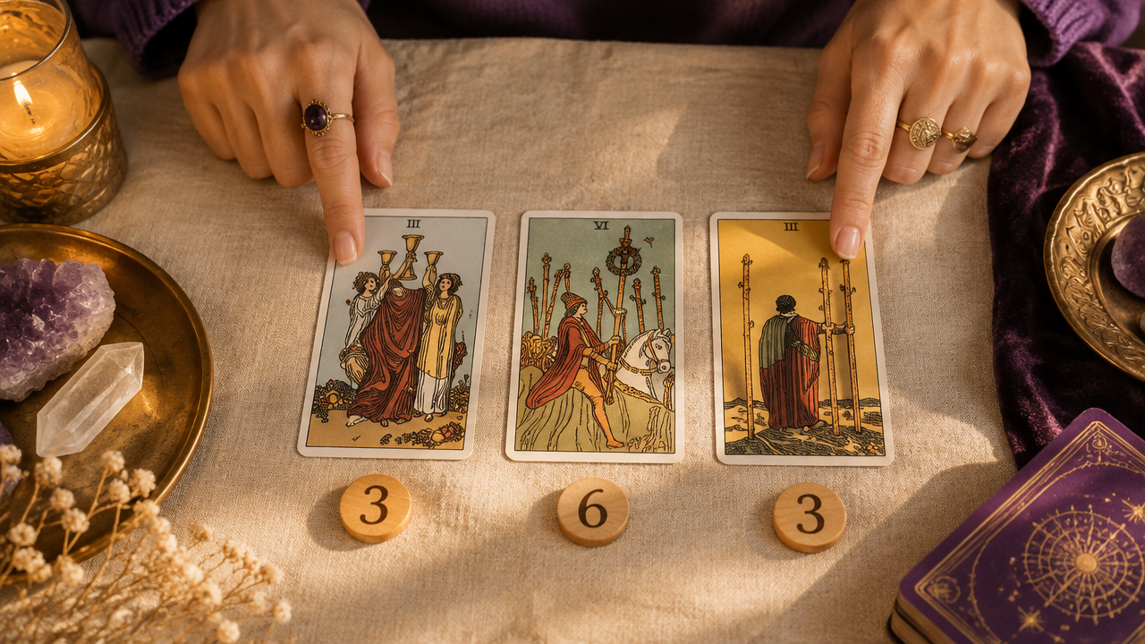 Tiragem de três cartas de Tarot com números repetidos sendo observada para identificar padrões