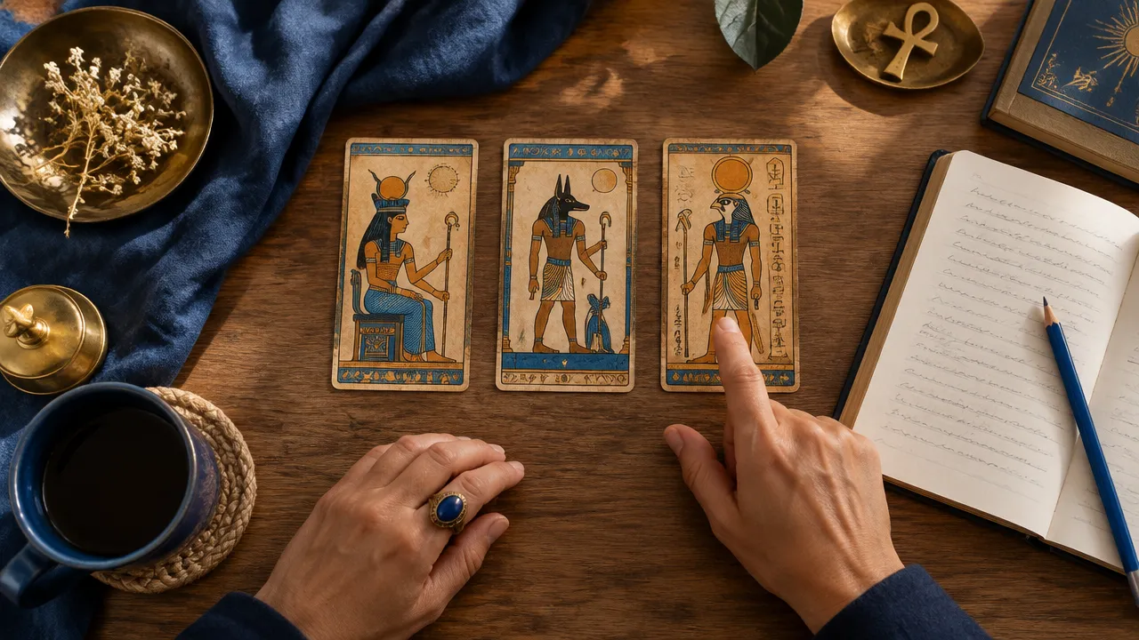 Tiragem de três cartas de tarot egípcio organizada para uma leitura reflexiva