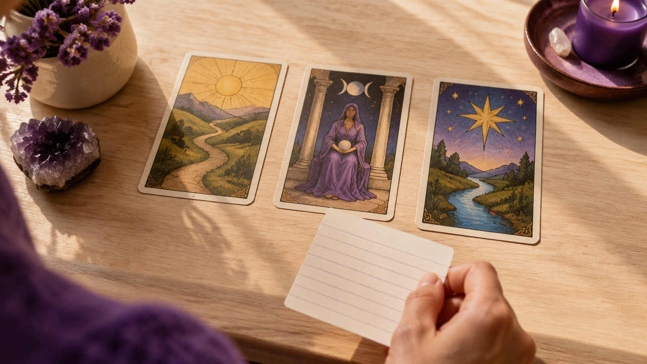 Tiragem de três cartas genéricas de Tarot sendo analisada em sequência sobre uma mesa.